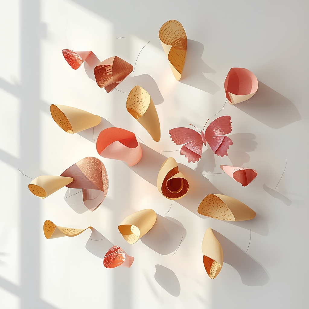 A beautifully organized artist workspace featuring earthy soft pastel color swatches spread across a light oak table, minimalist layout, overhead shot, bright natural lighting